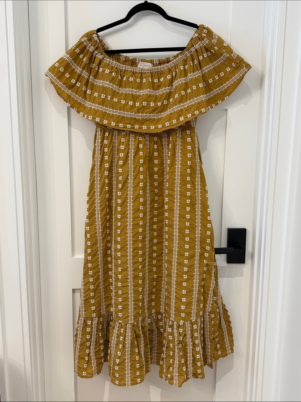By Together Mustard Yellow Embroidered Dress long off shoulder